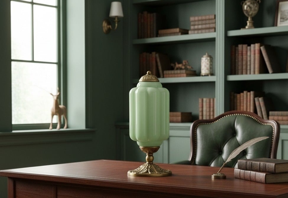 Eloise table lamp on a desk in a green study