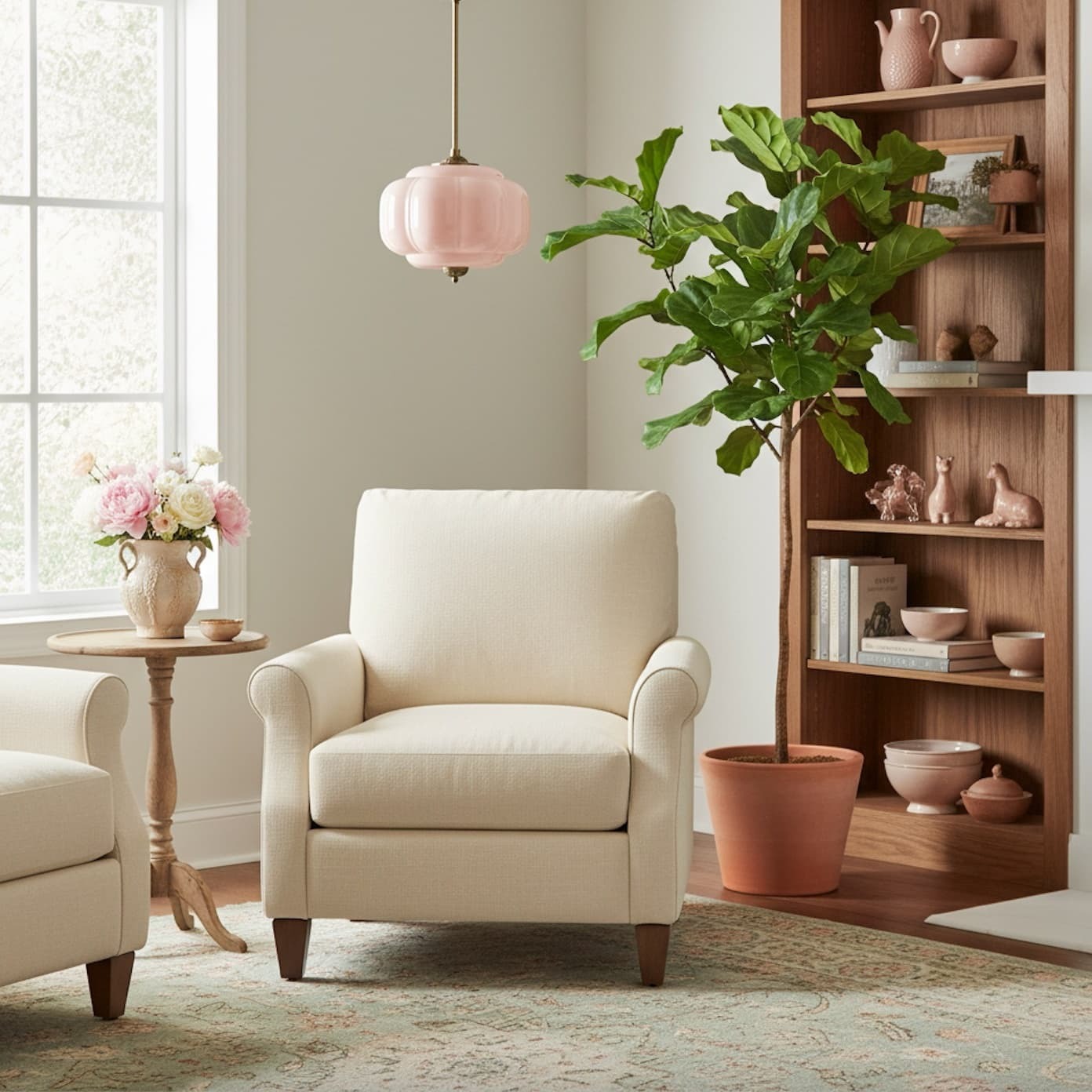 Pink Eloise pendant in a reading corner