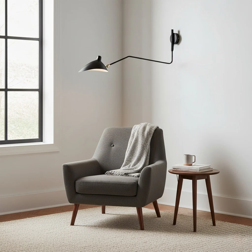 Swing arm wall light beside chair