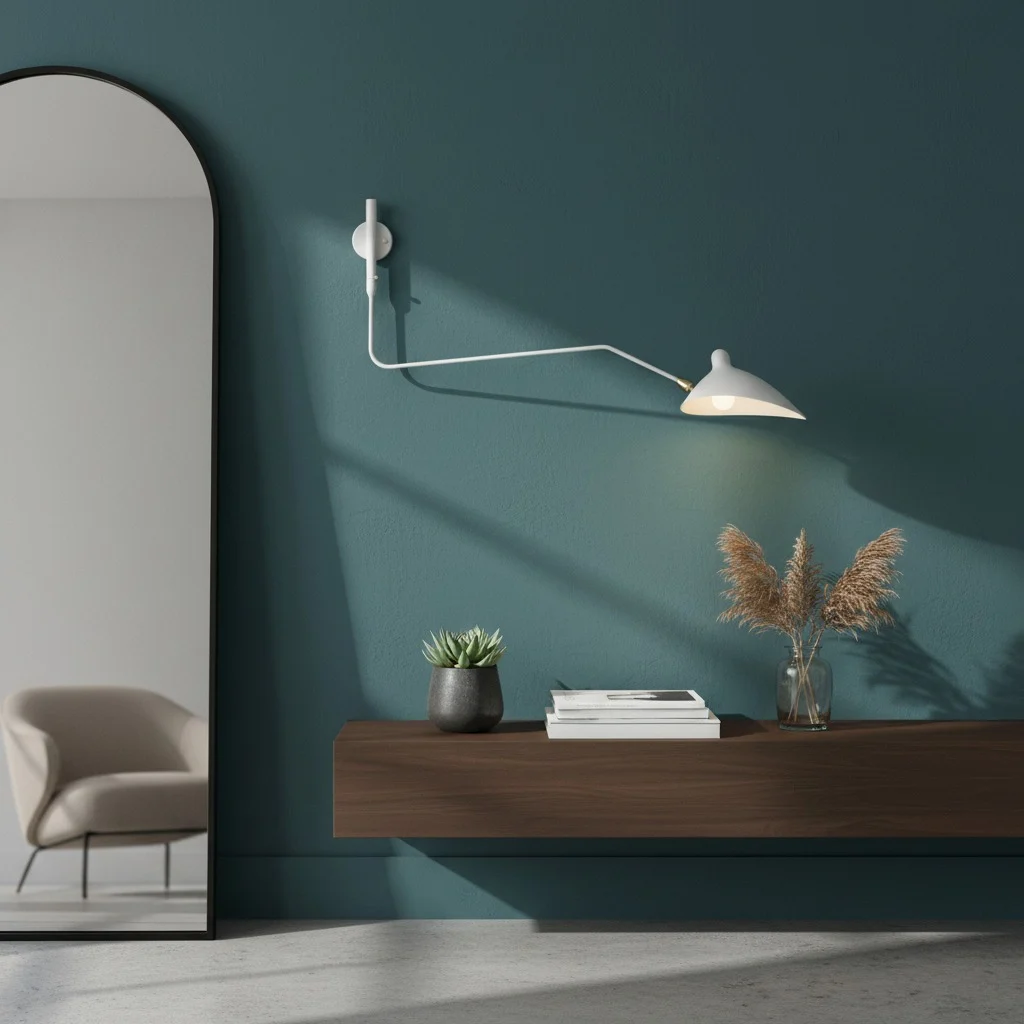 White swing arm wall light on green wall