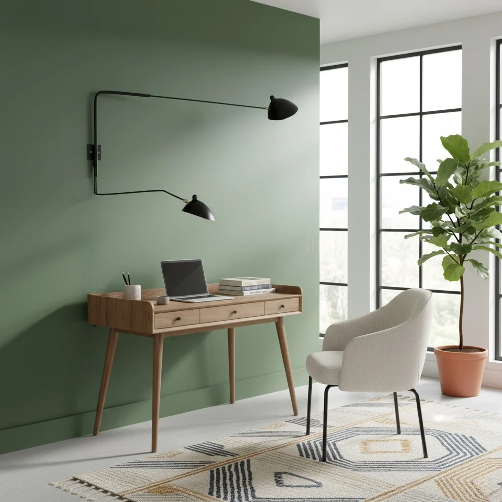 Black swing arm wall light in workspace