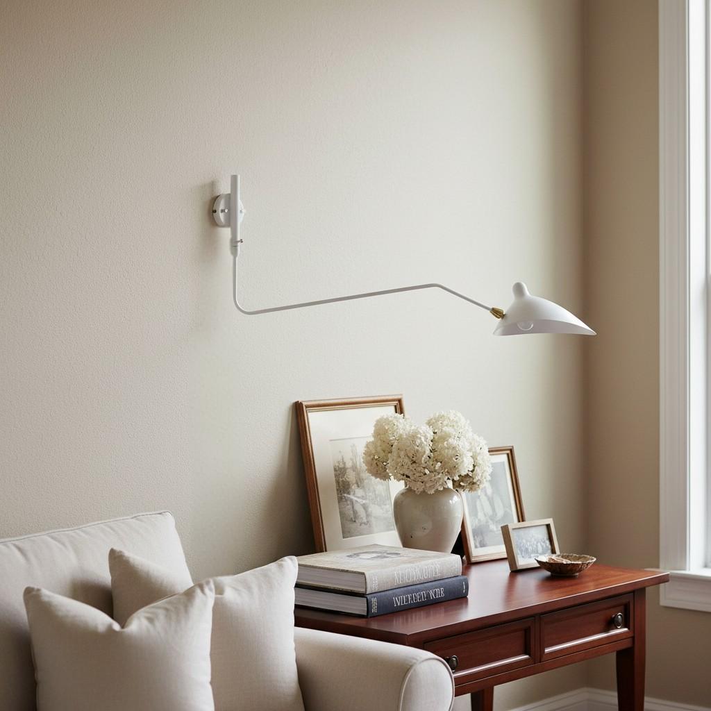 White swing arm wall light above table