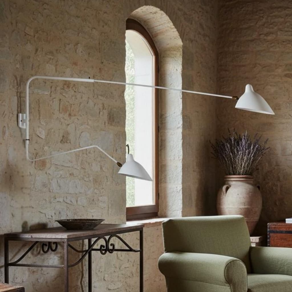 White two head swing arm wall light by window