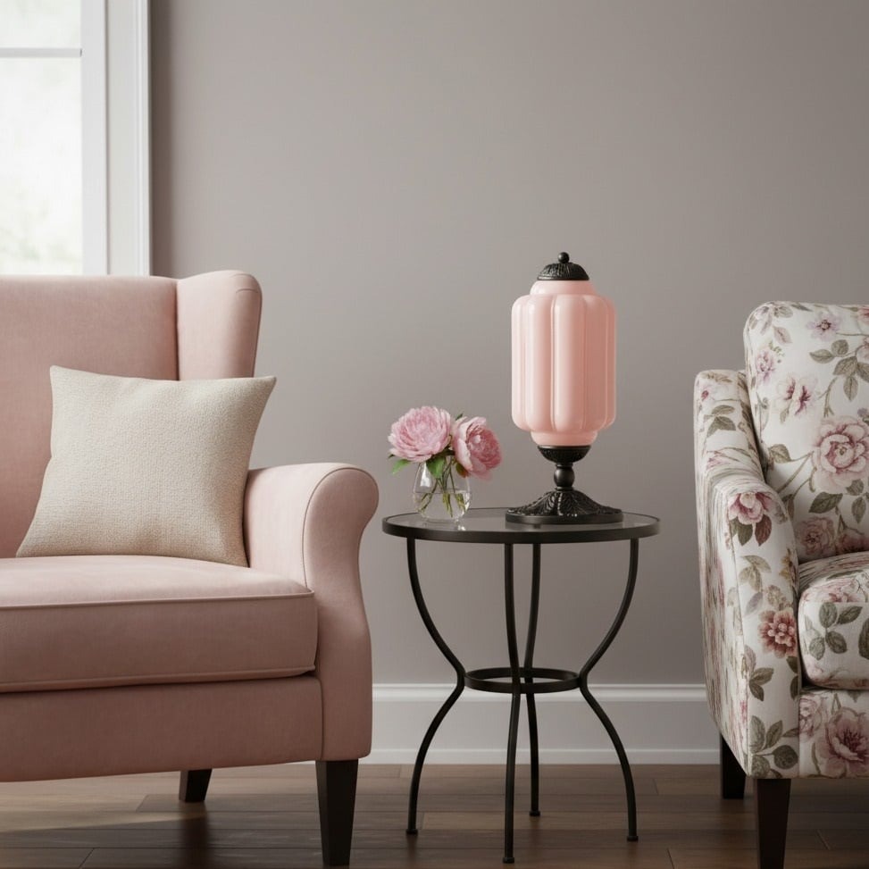 Pink Eloise table lamp beside cozy seating
