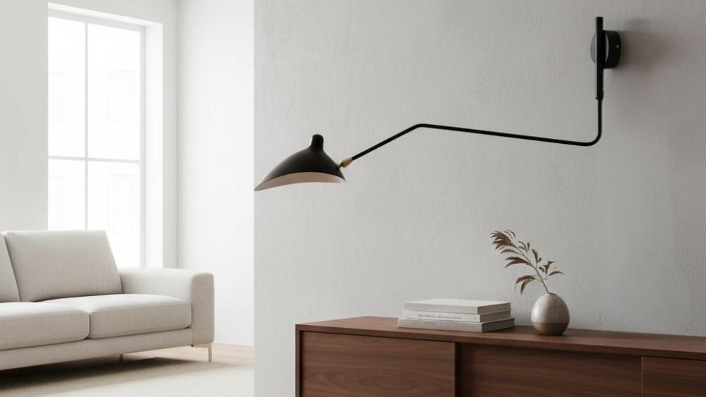 Black swing arm wall lamp in a bright room