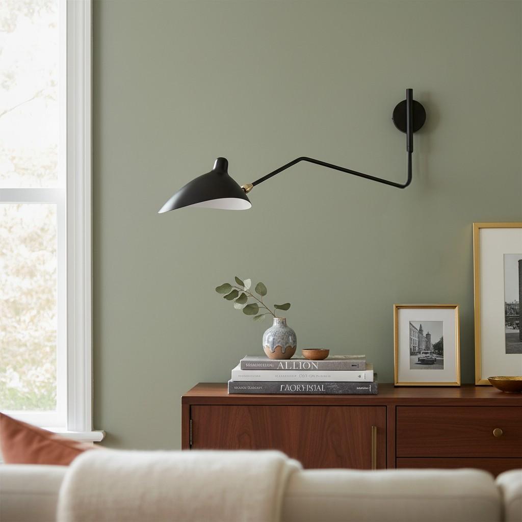 Black swing arm wall light above cabinet