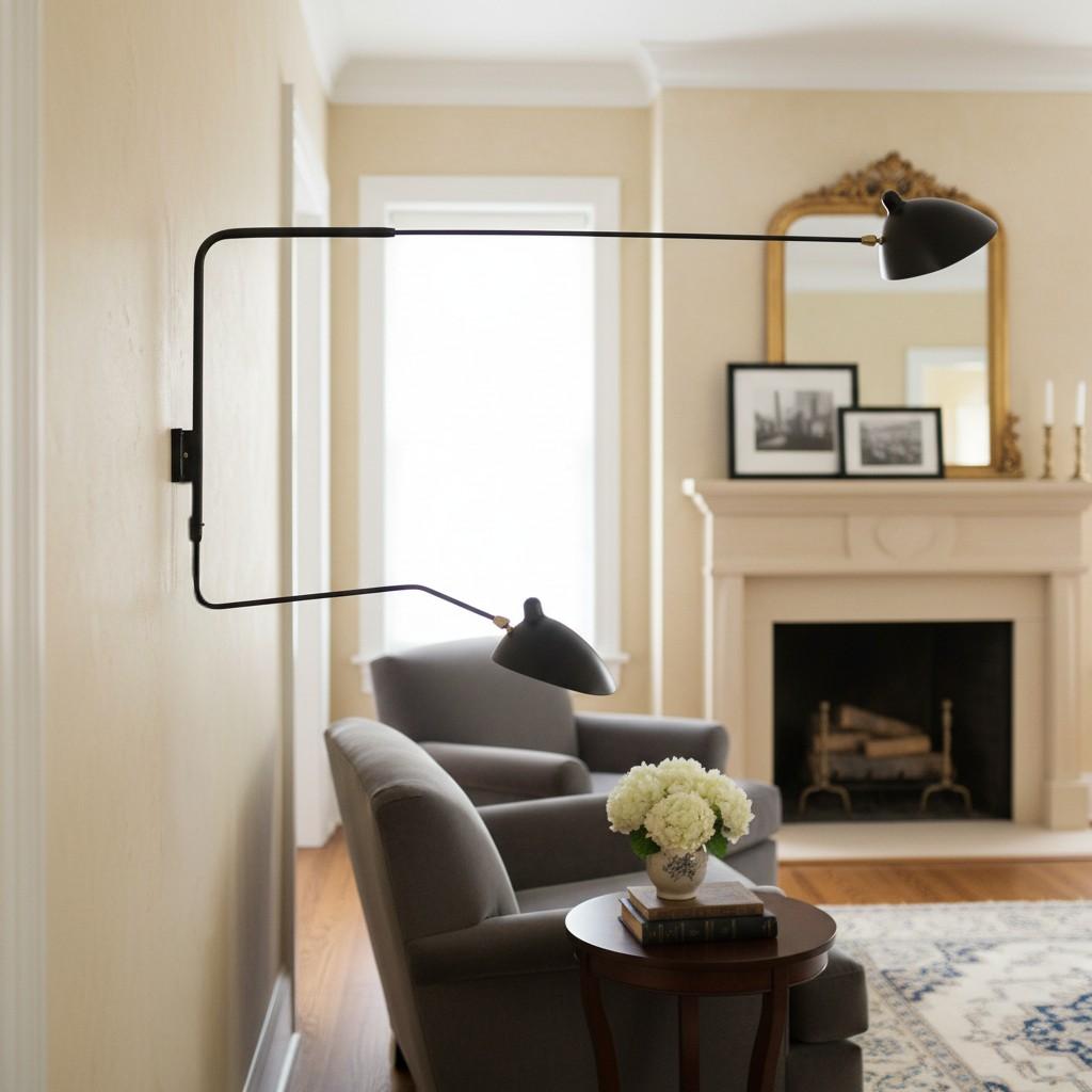 Black two head swing arm wall light in living room