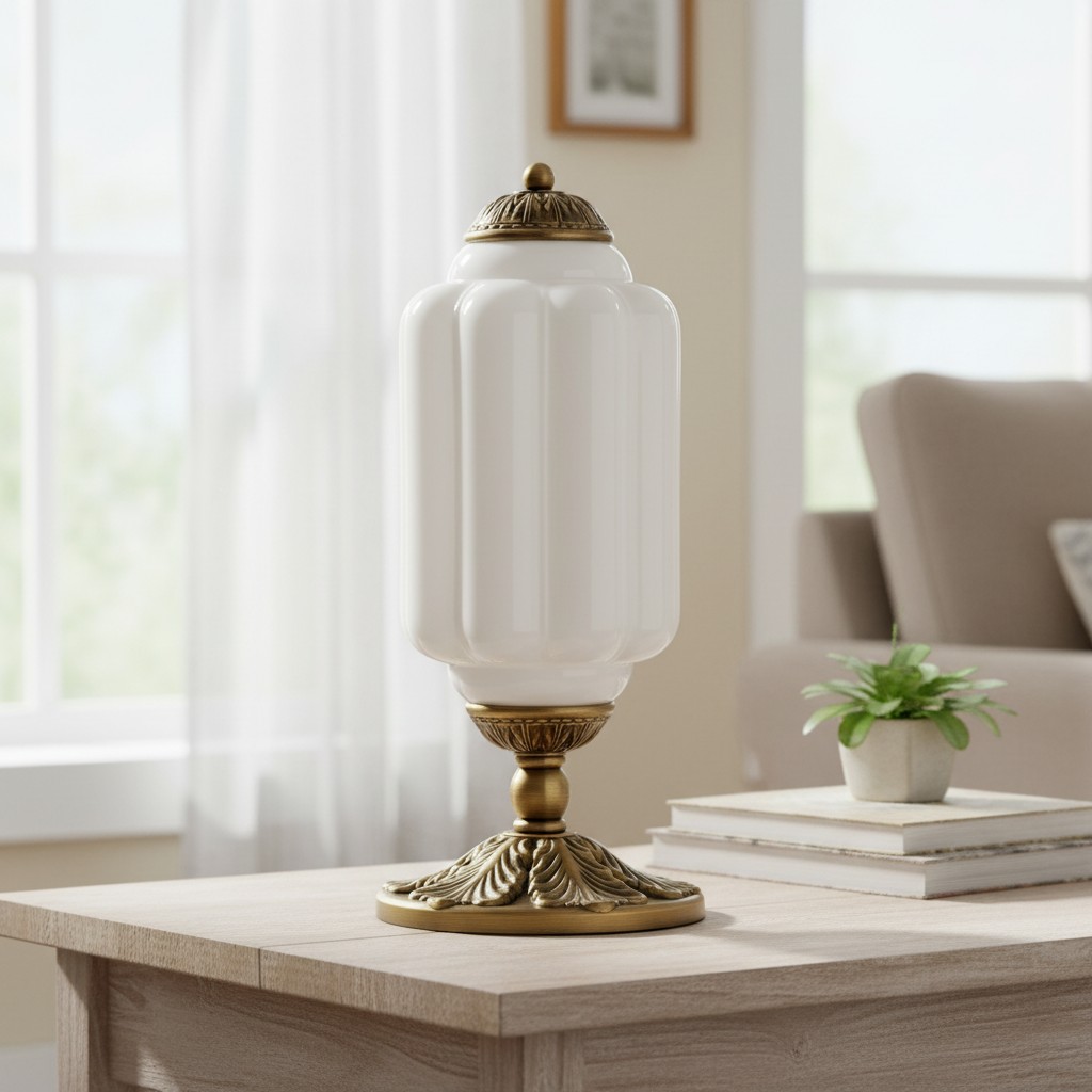 Eloise white glass table lamp with brass hardware