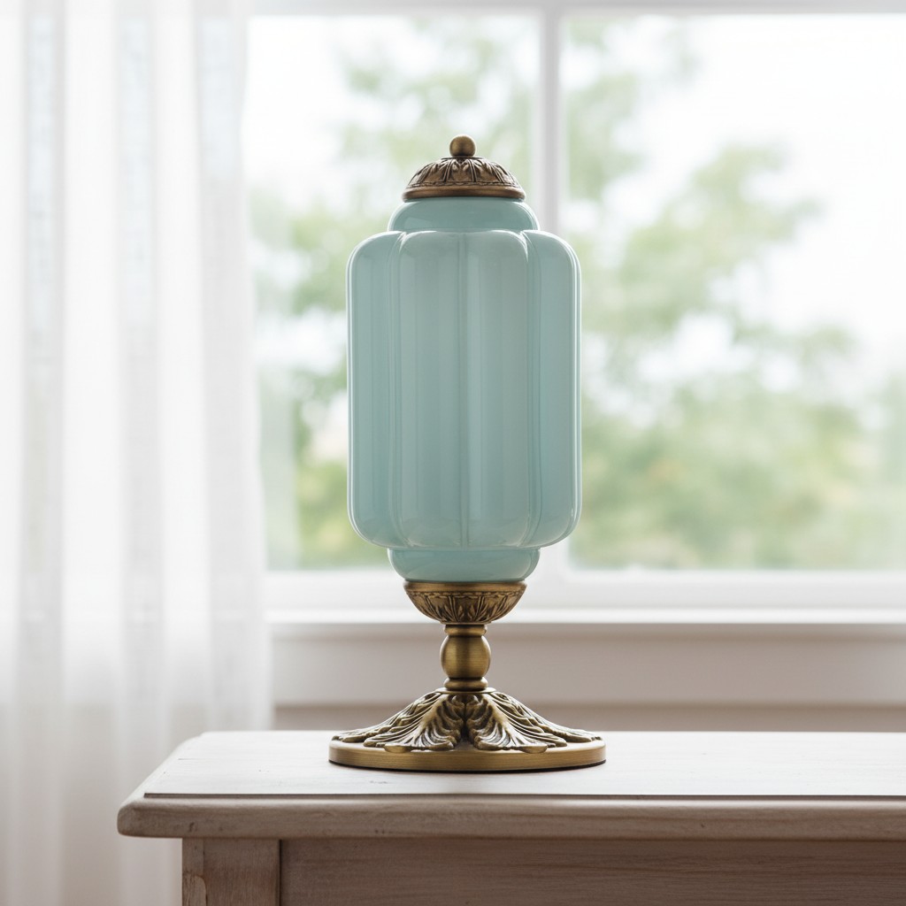Eloise blue glass table lamp with brass hardware