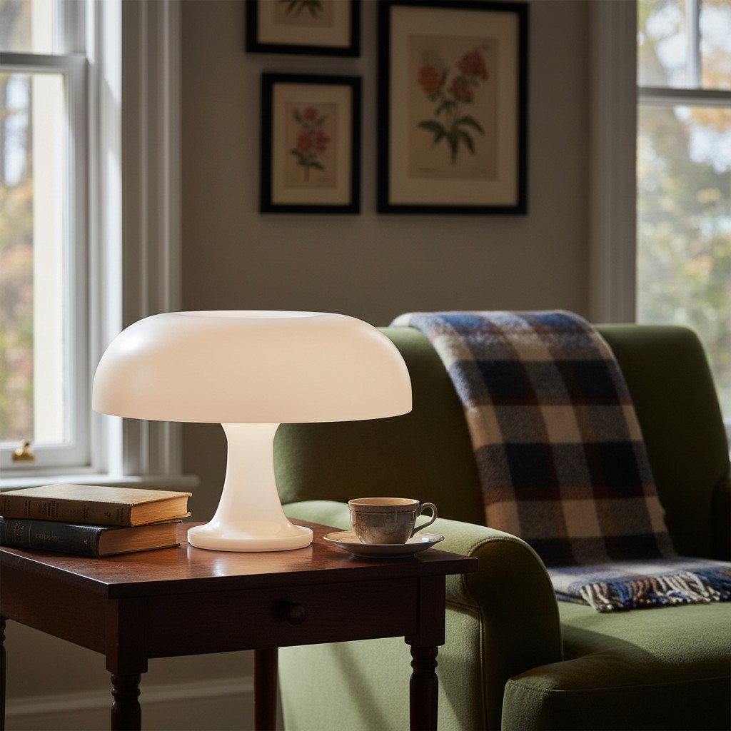 White mushroom table lamp on a side table