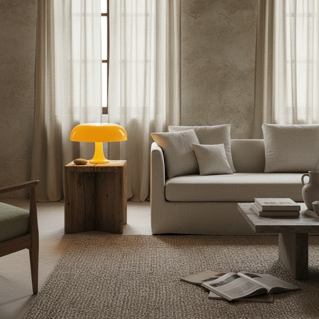 Yellow mushroom table lamp adding warmth to a quiet seating area