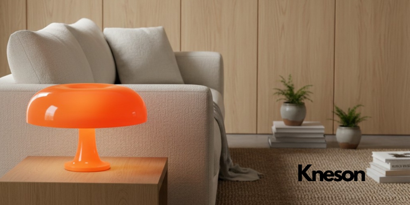 Video poster showing the orange mushroom table lamp in a living room