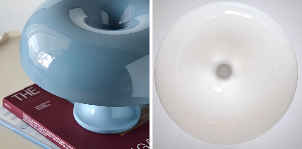 Close-up detail views of the glossy mushroom lamp shade