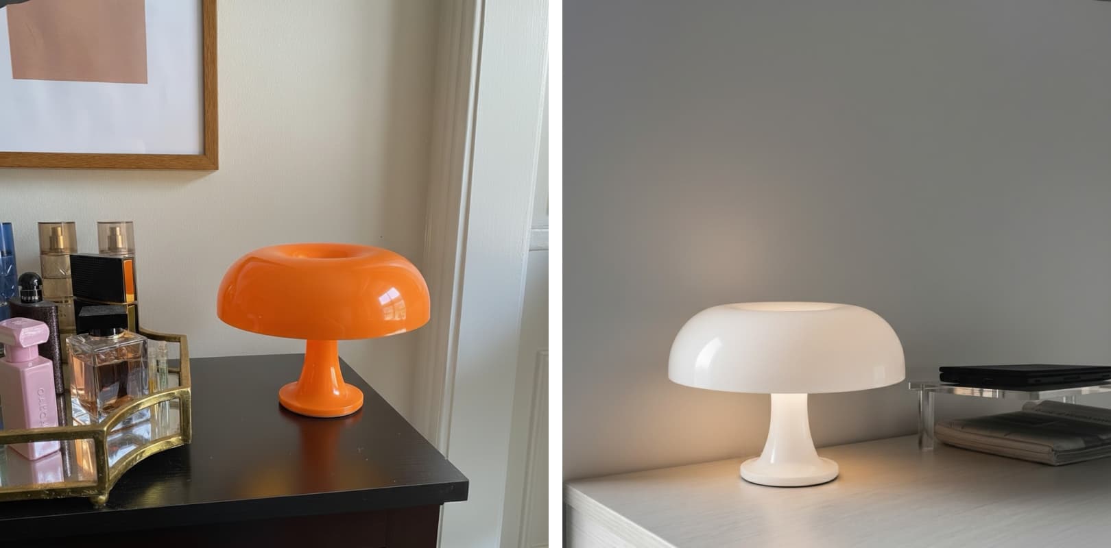 Customer photo gallery showing orange and white mushroom table lamps