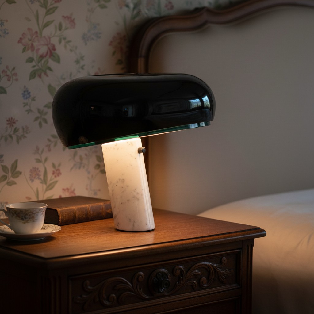 Black mushroom table lamp in a bedroom scene