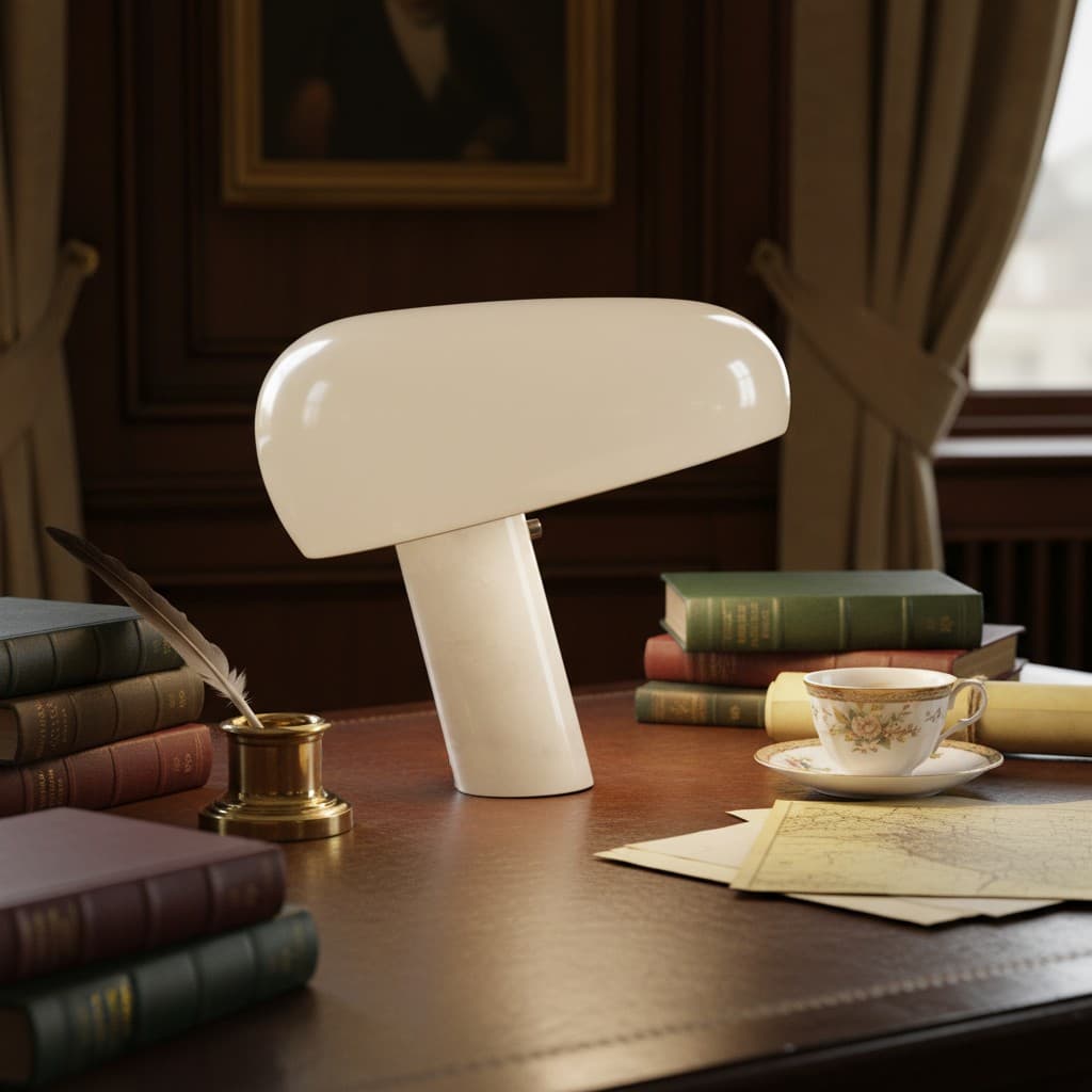 White mushroom table lamp on a writing desk