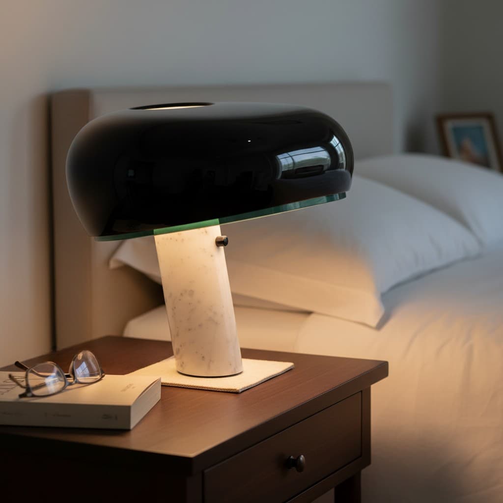 Black mushroom table lamp on a bedside table