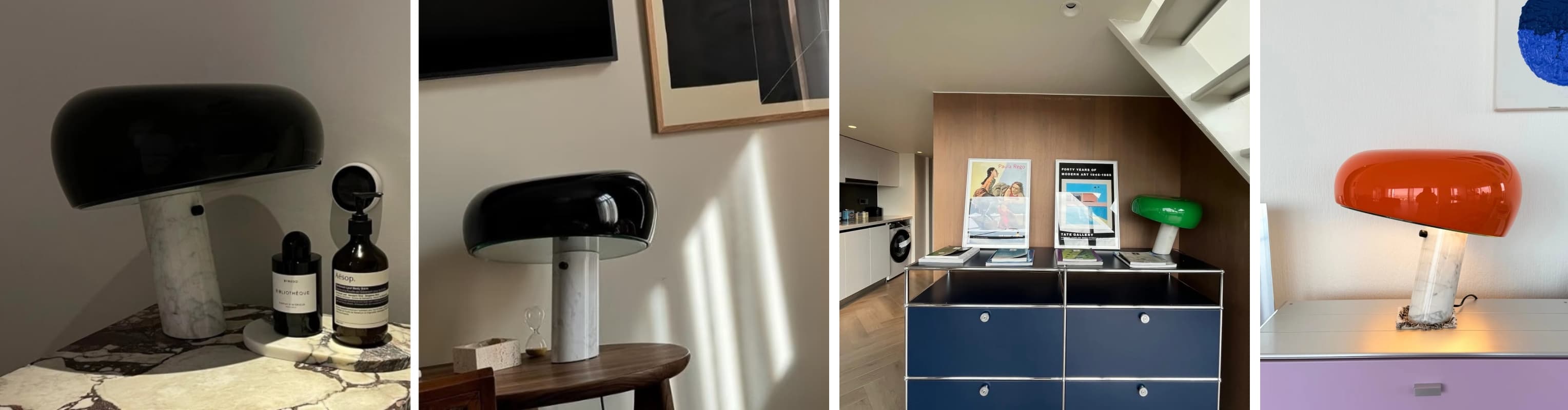 Customer photo gallery showing mushroom table lamps in real interiors