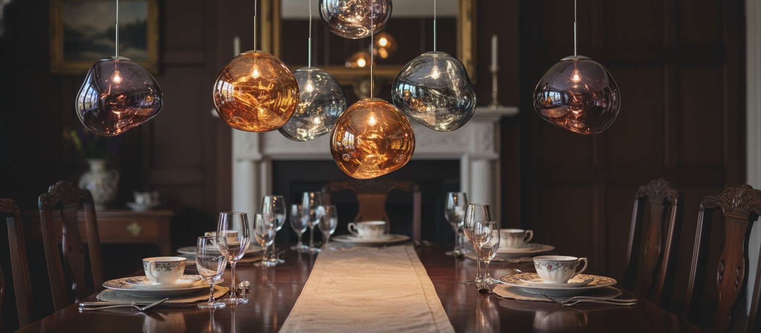 Modern irregular melted acrylic pendant light over a dining table
