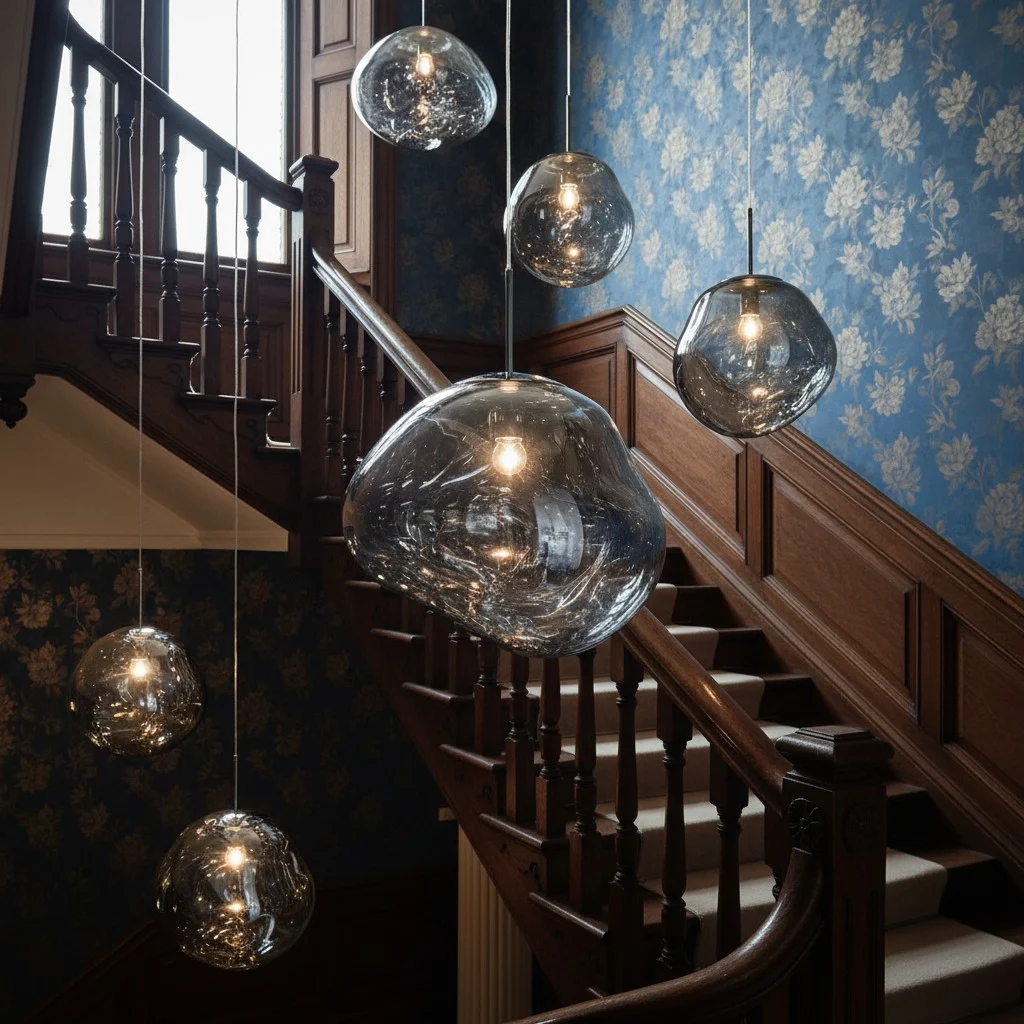 Smoky gray melt pendant lights on staircase