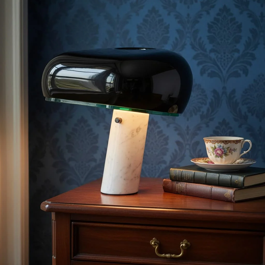 Black mushroom table lamp in a blue room