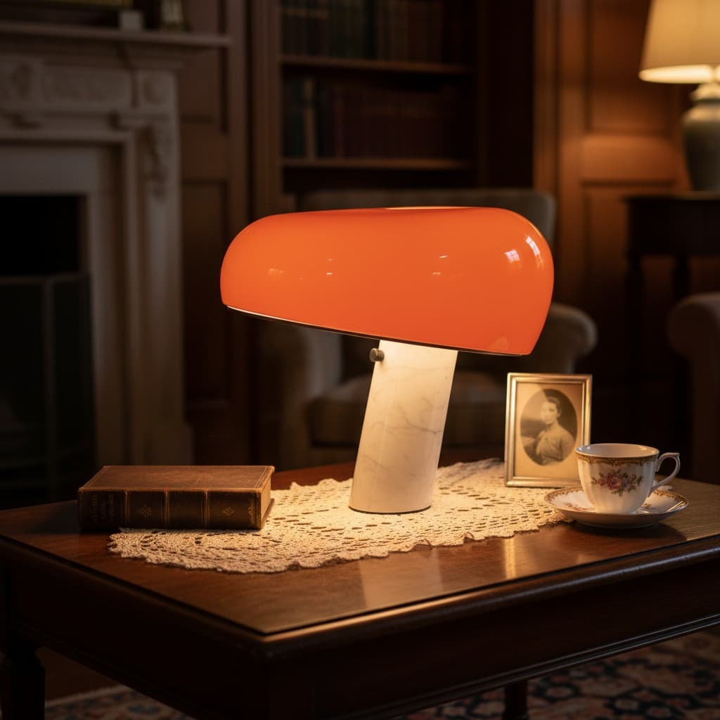 Orange mushroom table lamp on a desk