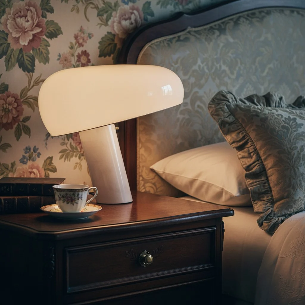 White mushroom table lamp on a bedside table
