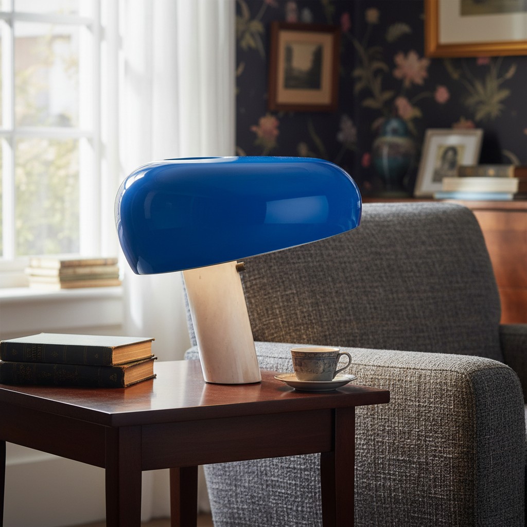 Blue mushroom table lamp styled beside a chair