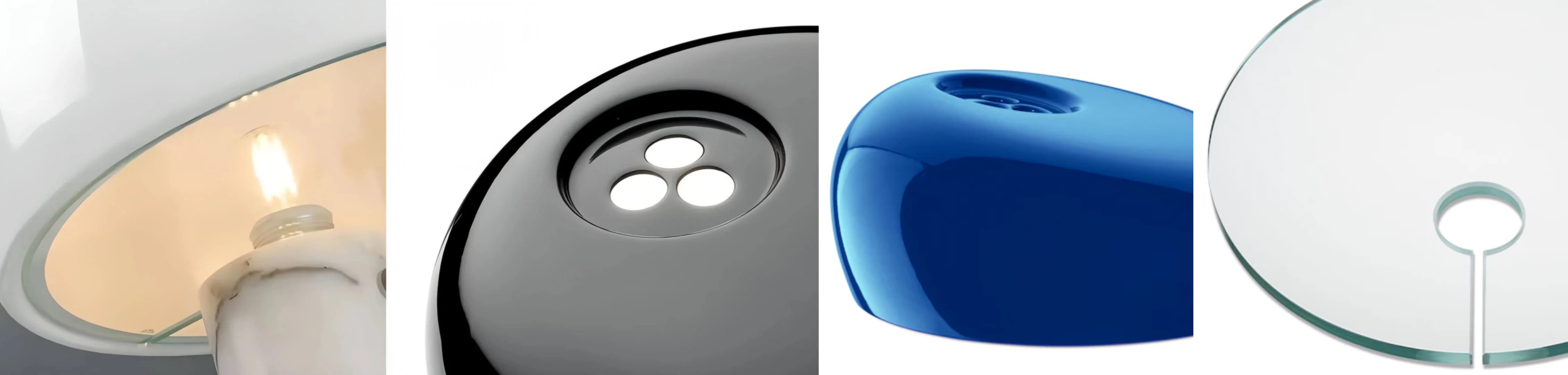 Detail views of the mushroom table lamp shade, light source, finish, and glass edge