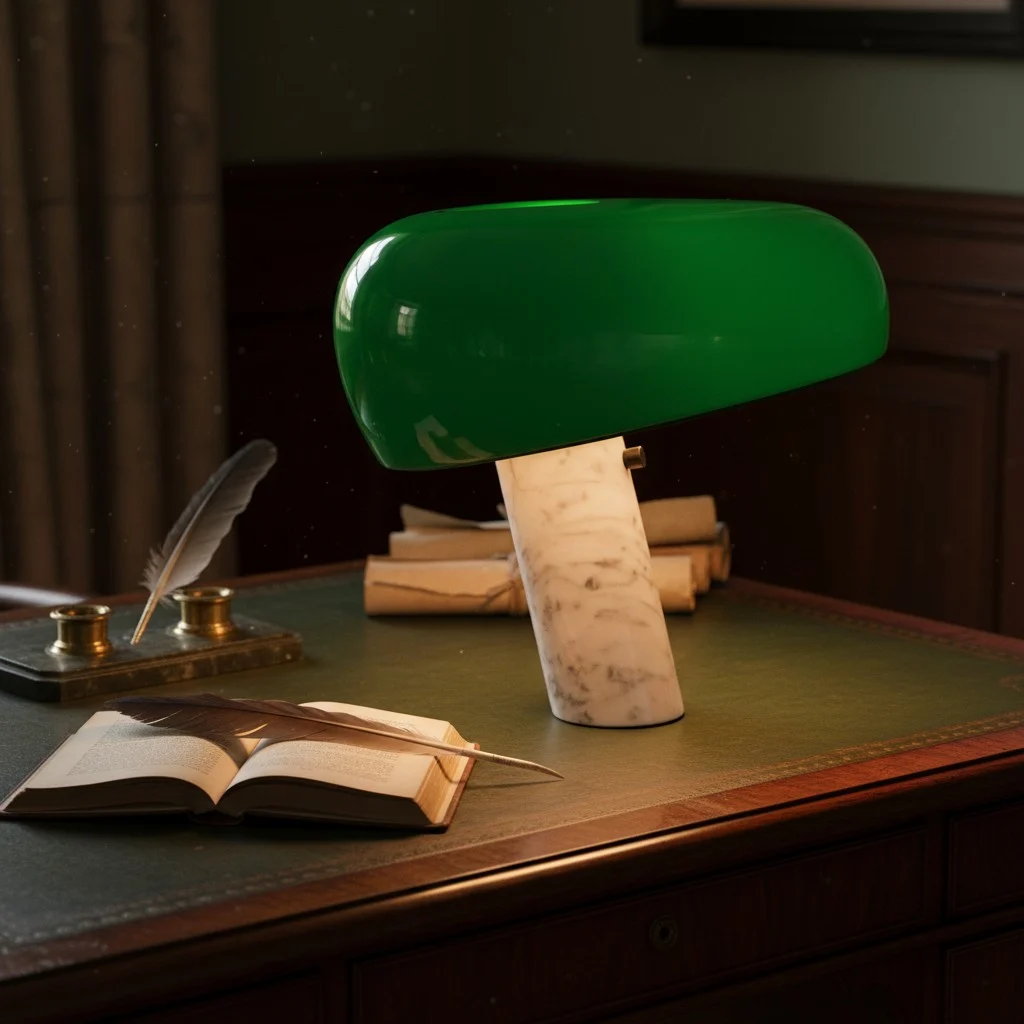 Green mushroom table lamp on a tabletop