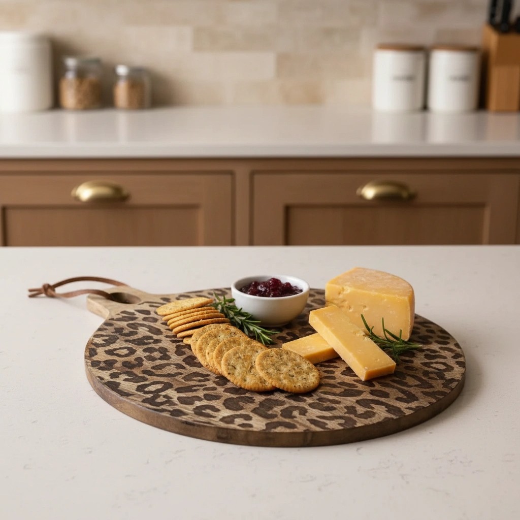 Round leopard print serving board with cheese and crackers