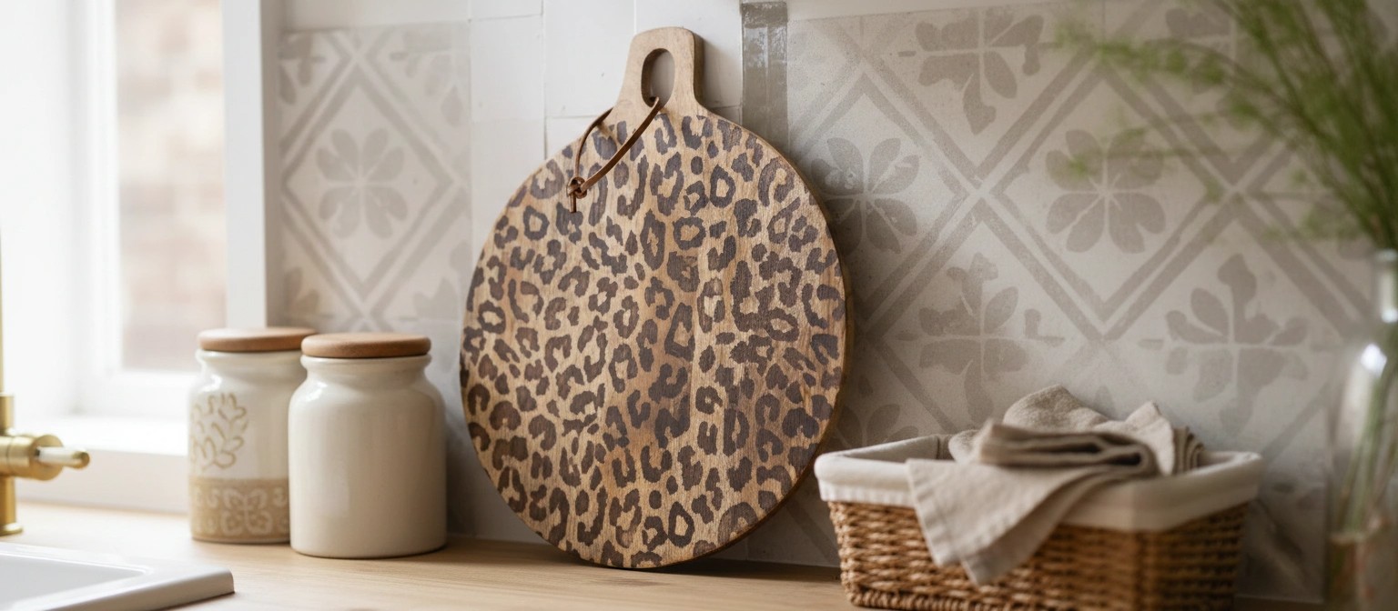 Leopard print board styled in a kitchen