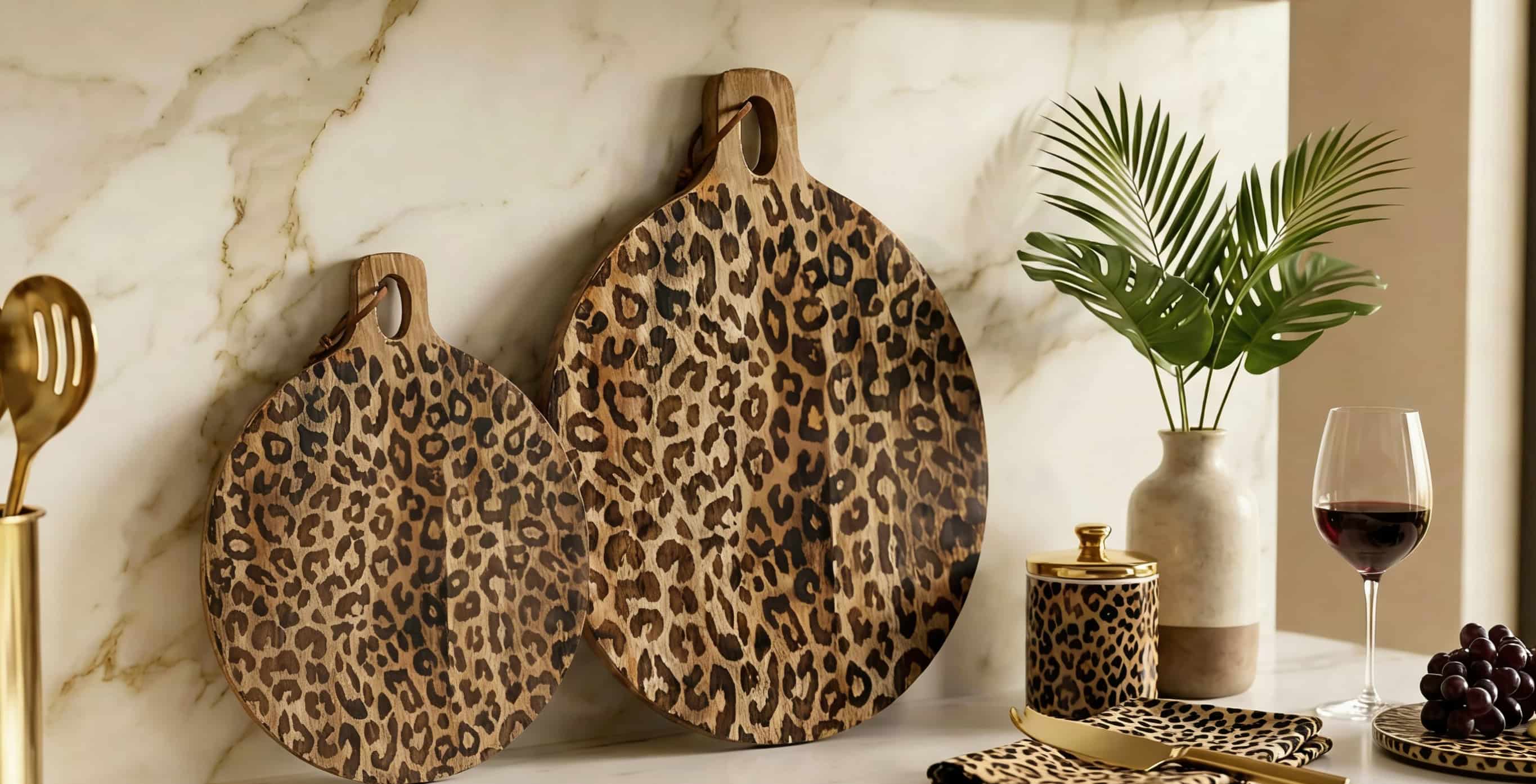 Leopard print Sapele wood serving boards styled on a counter