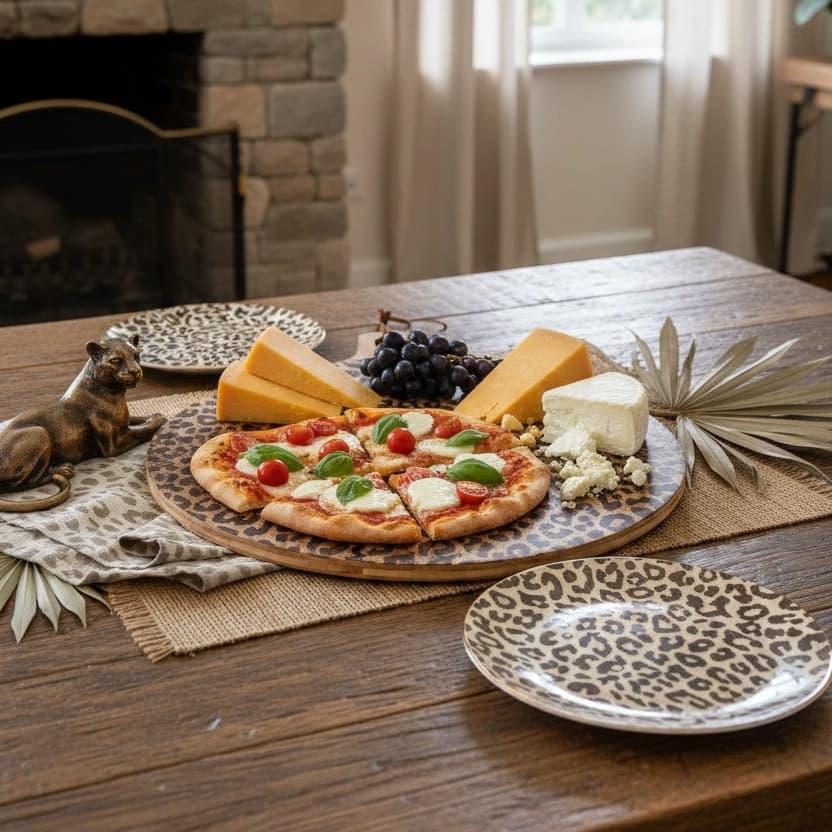 Large round leopard print serving board with food styling