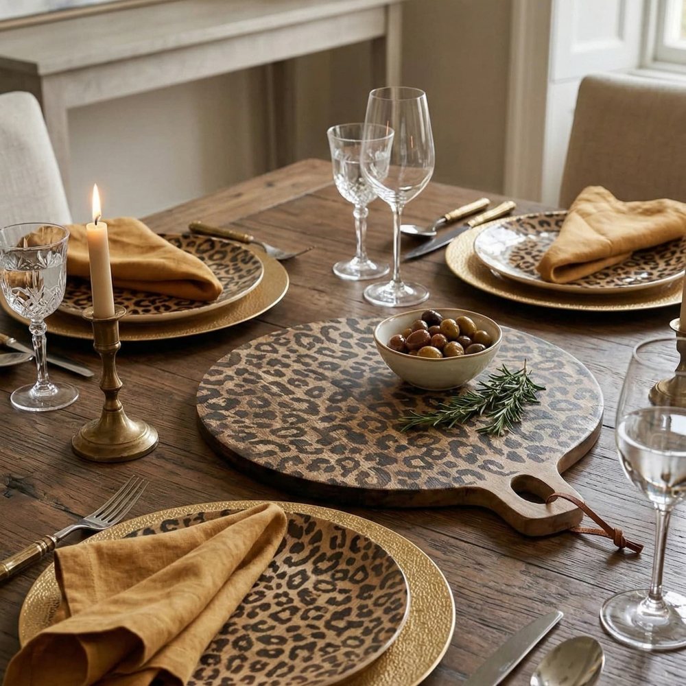 Leopard print serving boards on a dressed table