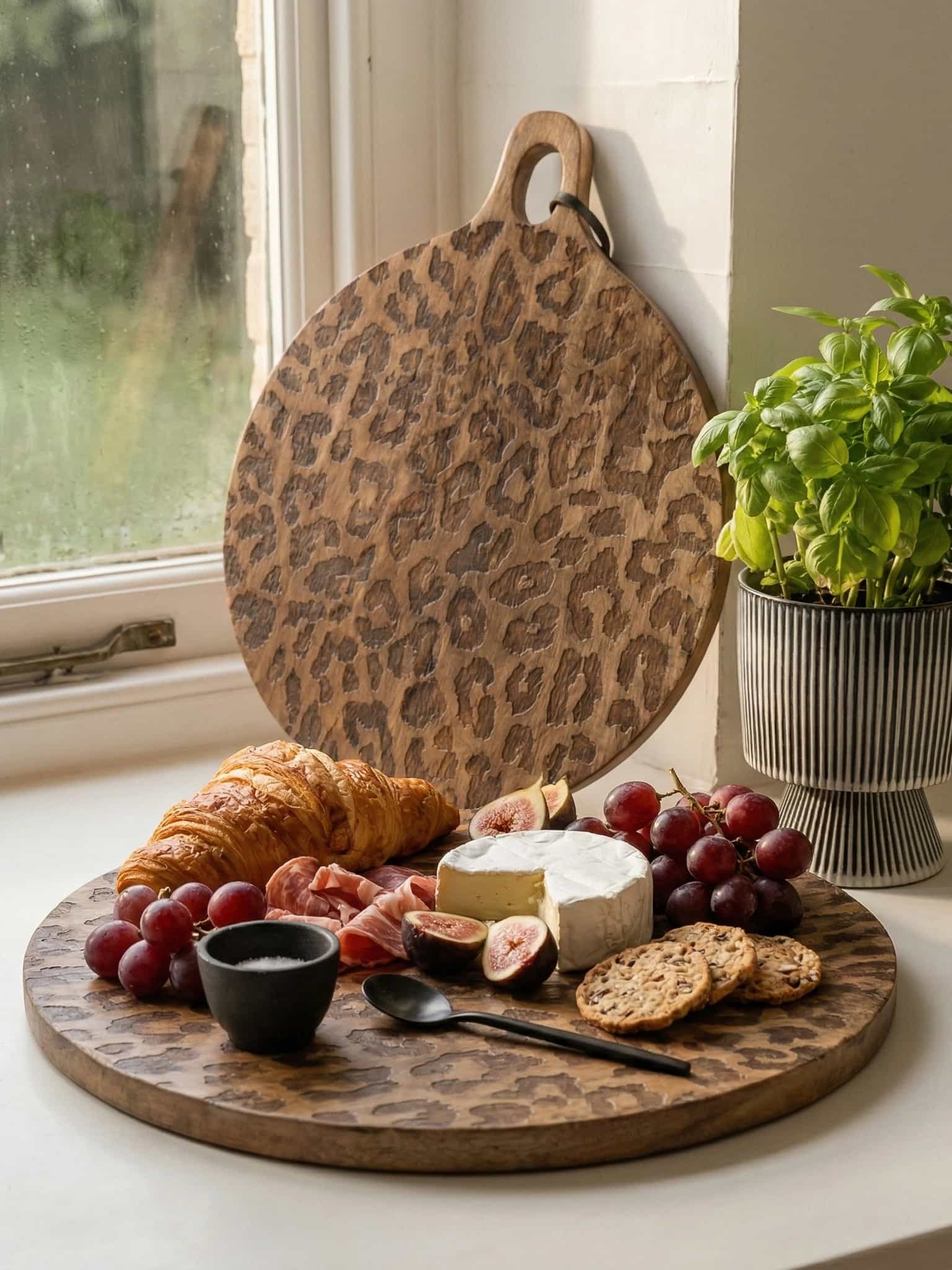Round leopard print serving board by a window with snacks