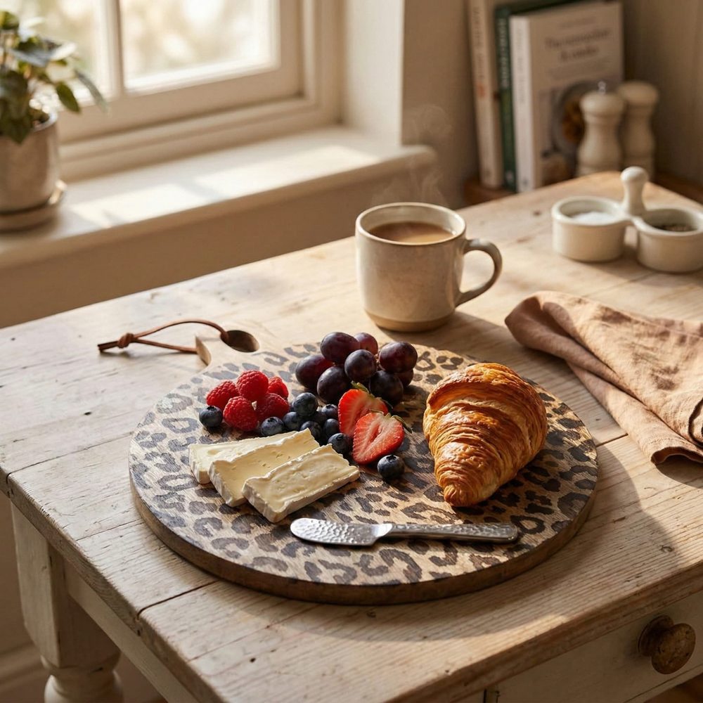 Round leopard print serving board with pastries and fruit