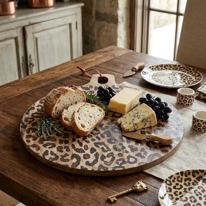 Round leopard print board with bread and cheese