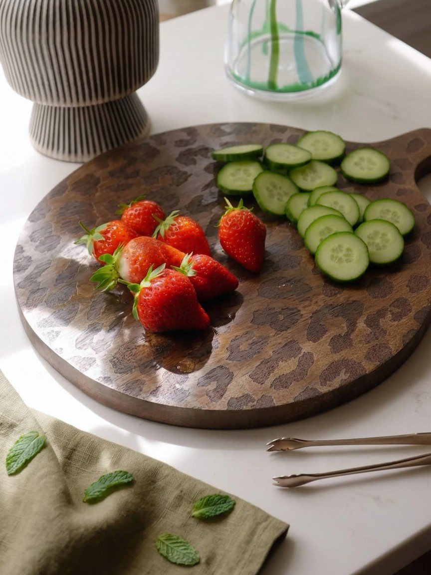Leopard print serving board with strawberries and cucumber slices