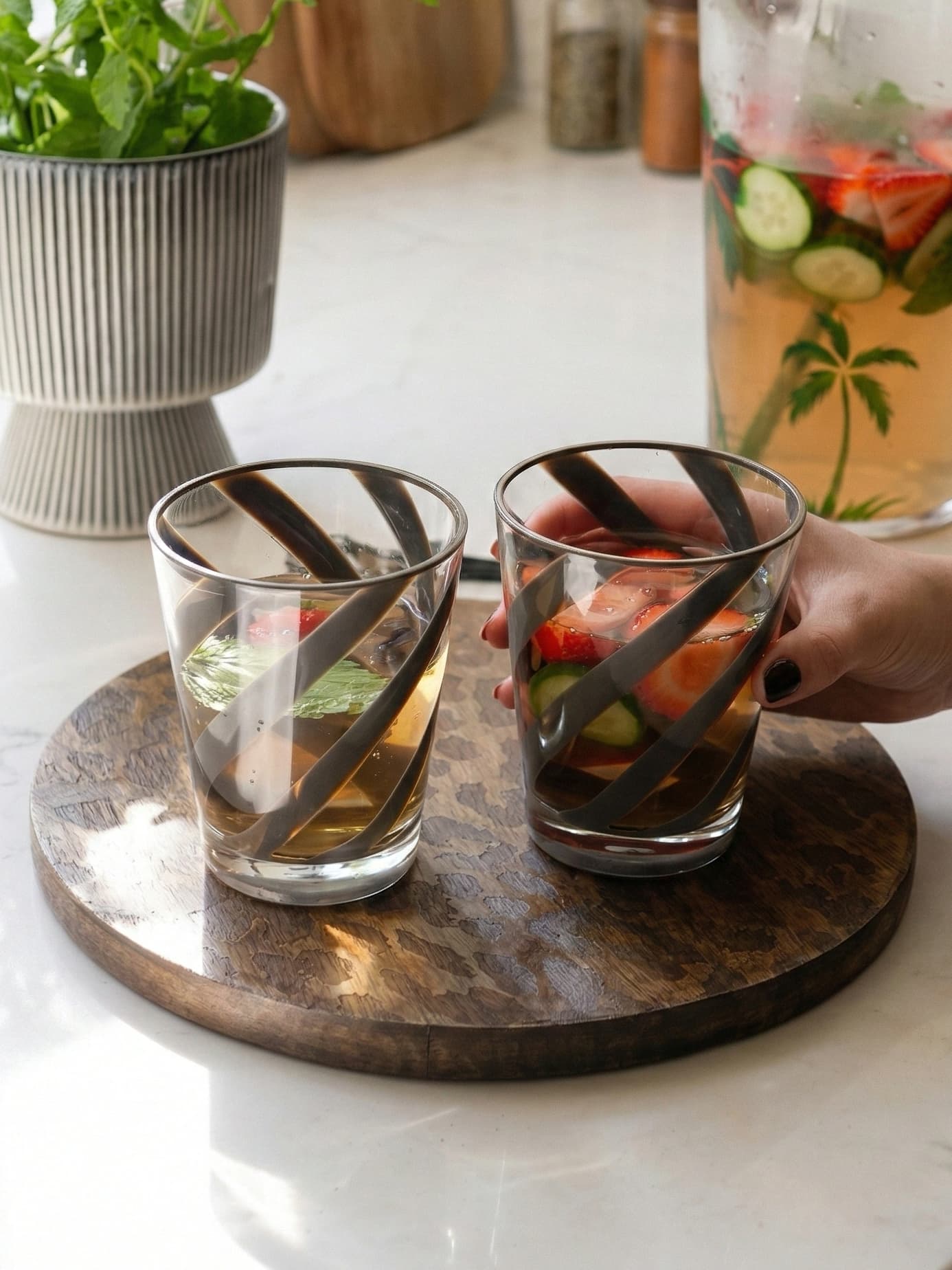 Leopard print serving board used as a tray for drinks