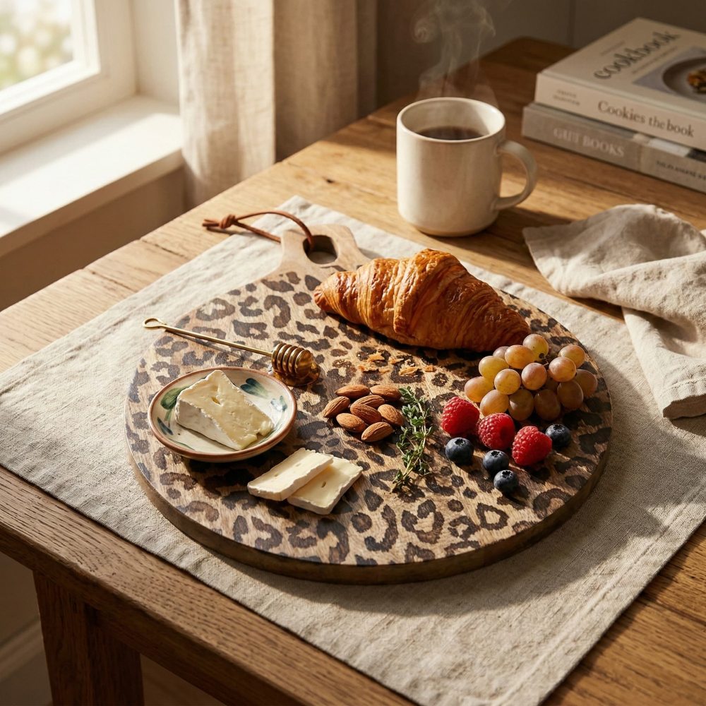 Round leopard print board on a rustic table