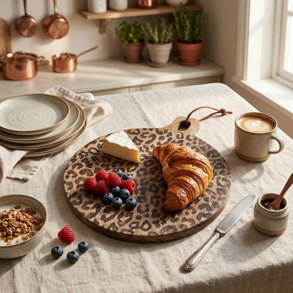 Small round leopard print serving board with breakfast styling