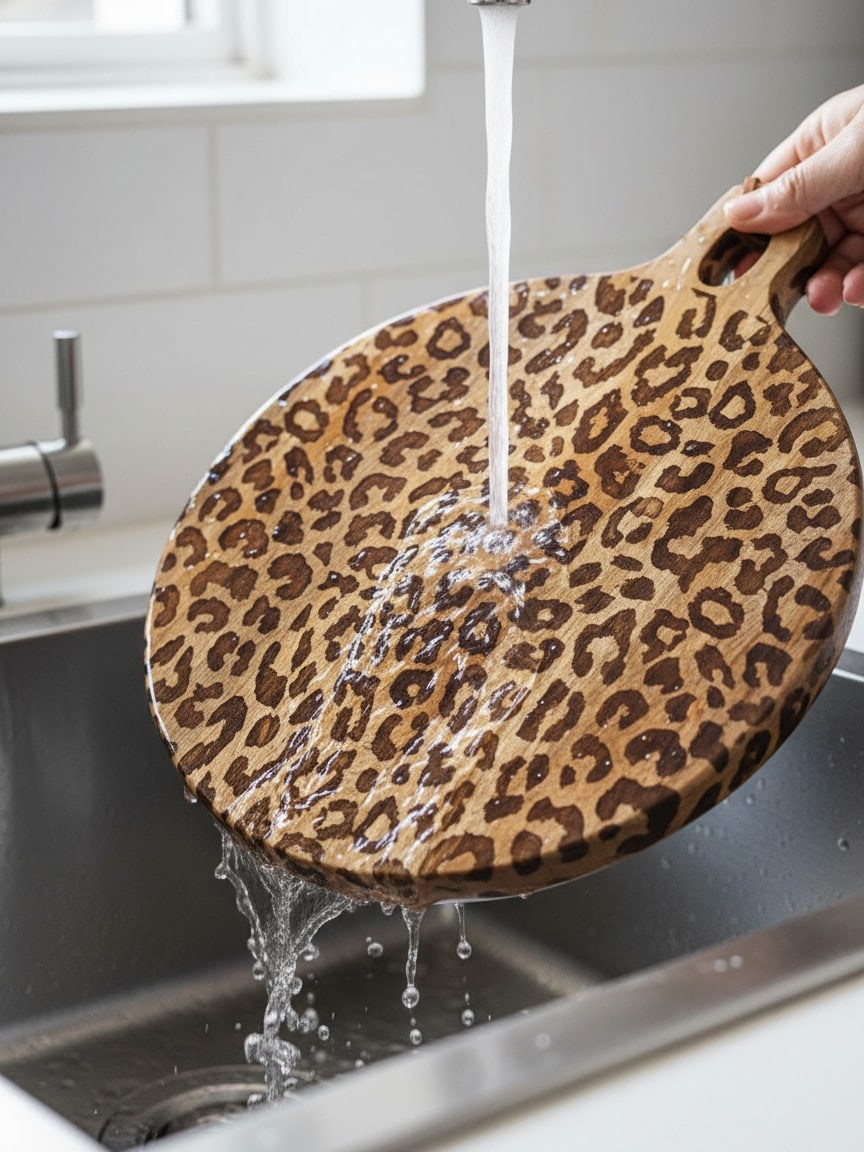 Leopard print wooden board being rinsed under water