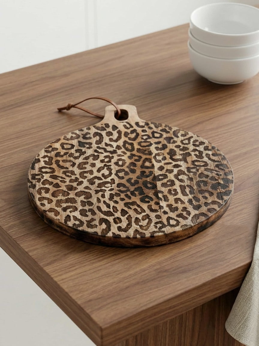 Round leopard print board on a wood countertop