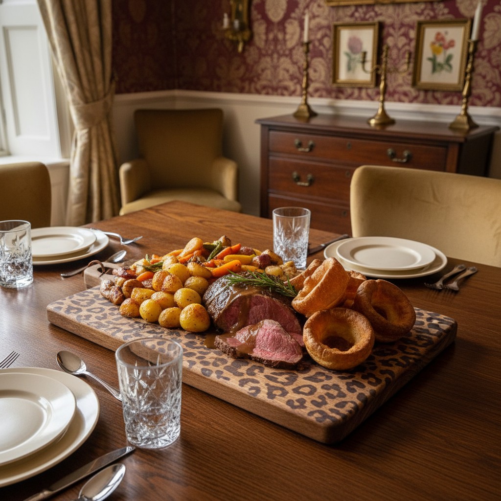 Square leopard print serving board on a dining table