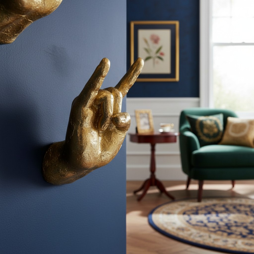 Gold wall hand hooks styled with bags and scarves