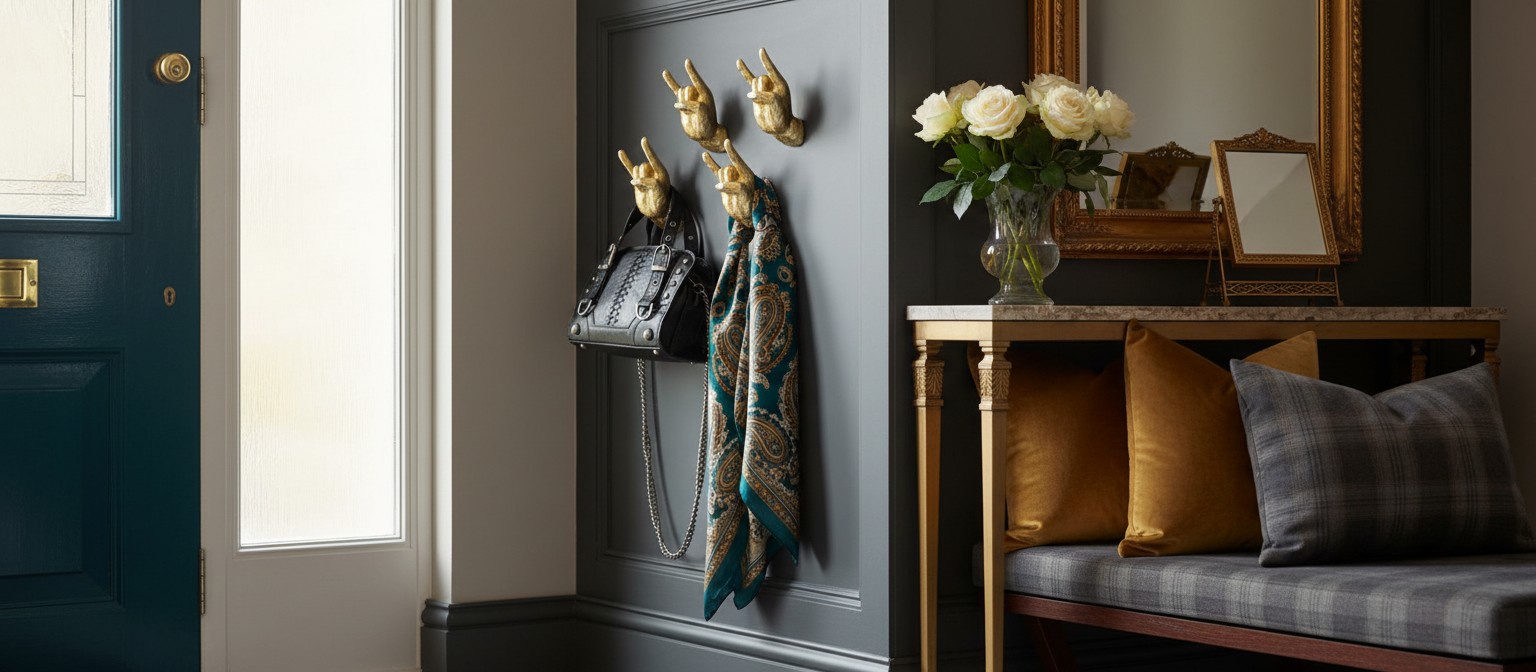 Gold rock on wall hands styled near an entryway