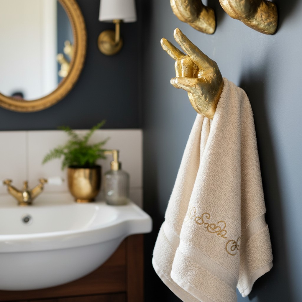 Gold hand wall hook styled in a bathroom