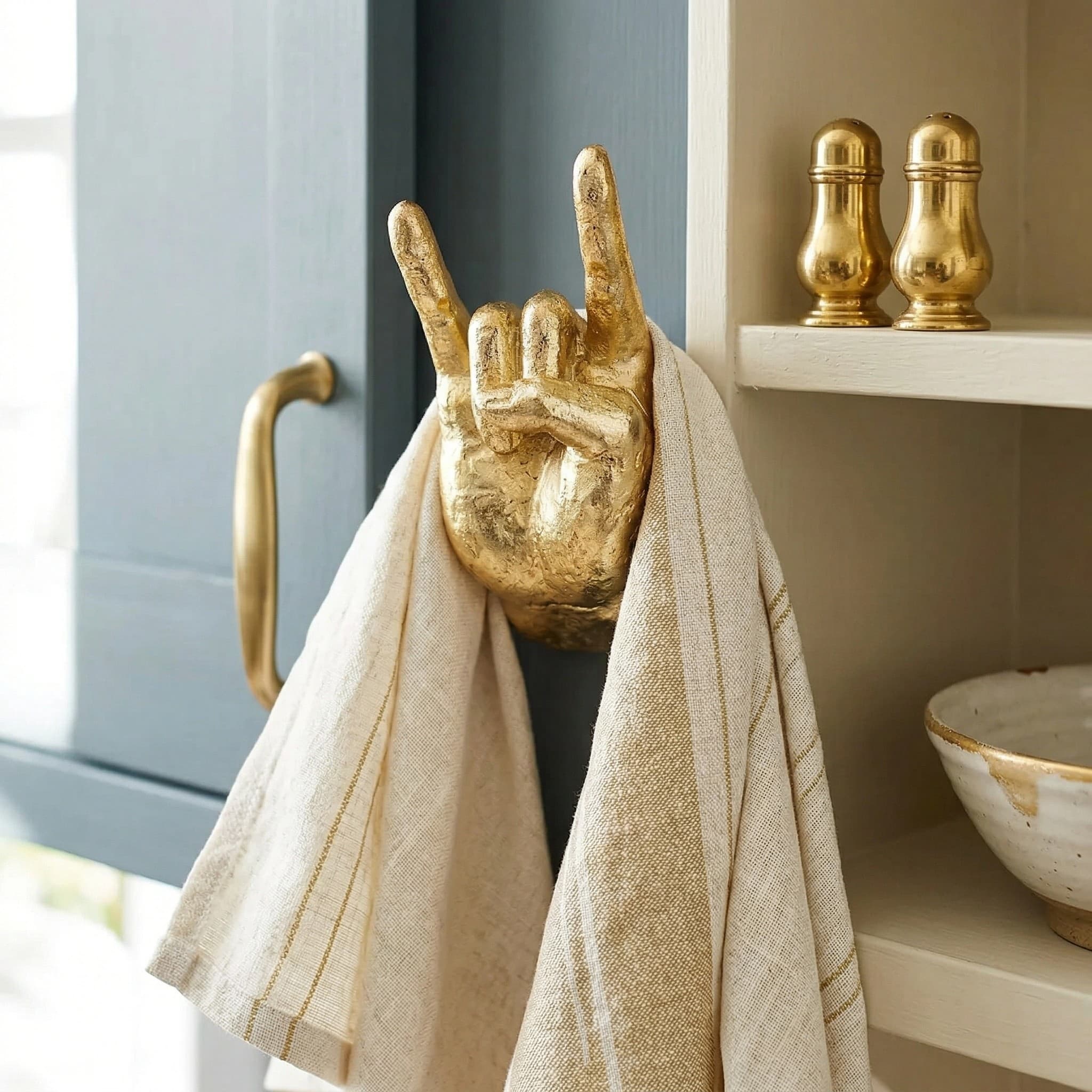 Gold rock hand wall hook holding a towel