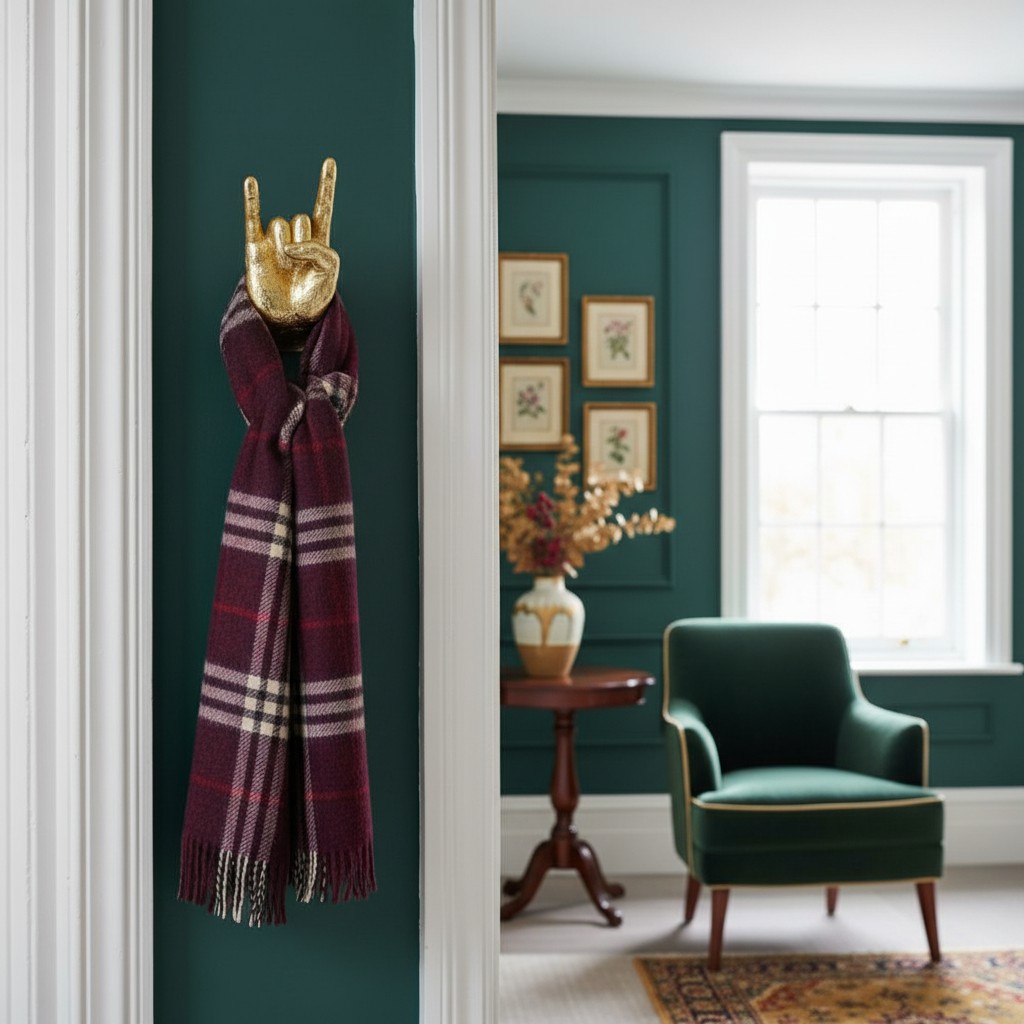 Gold hand wall hook holding a scarf